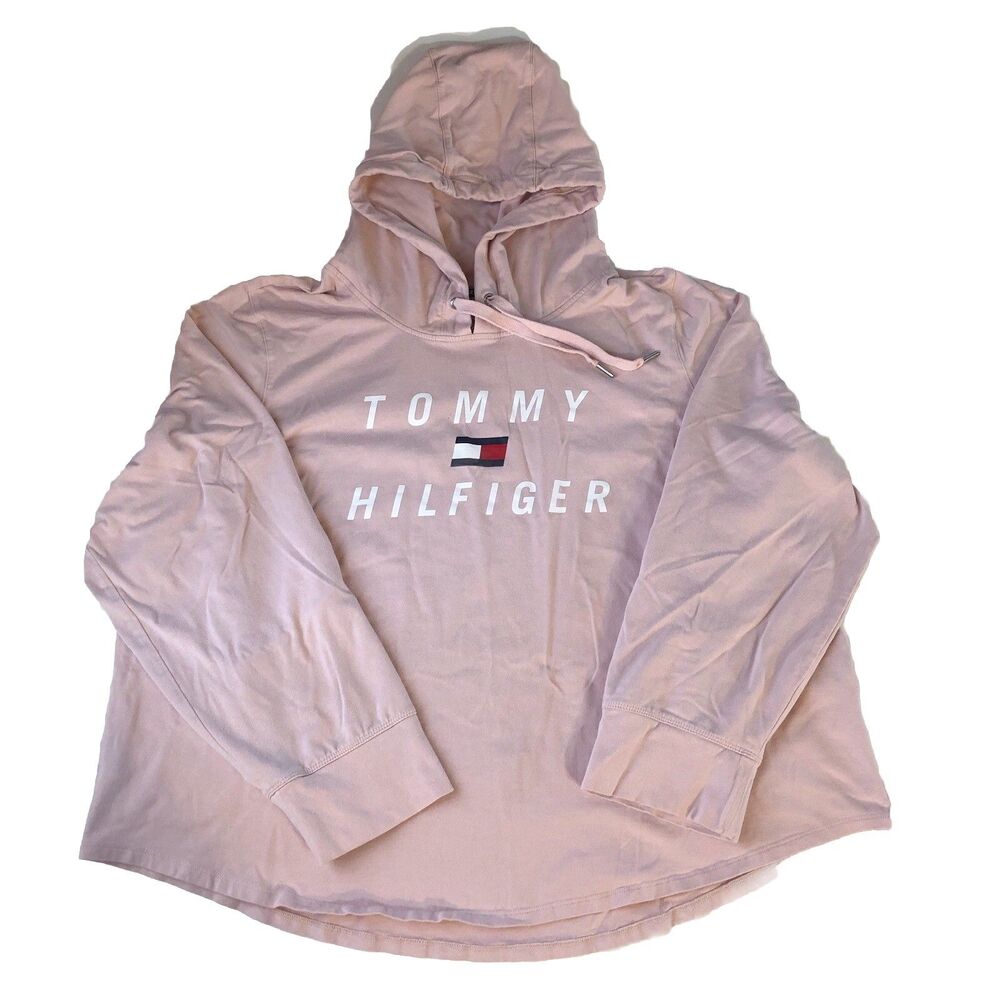 Tommy Hilfiger Sport Womens Light Pink Logo Pullover Hoodie Roll Tab Sleeve 2X